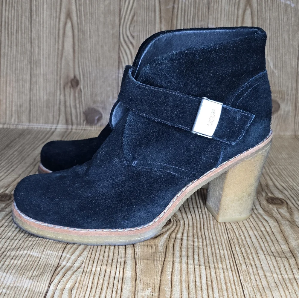 UGG Brienne Black Suede Buckle Ankle Heeled Boots Size‎ 8